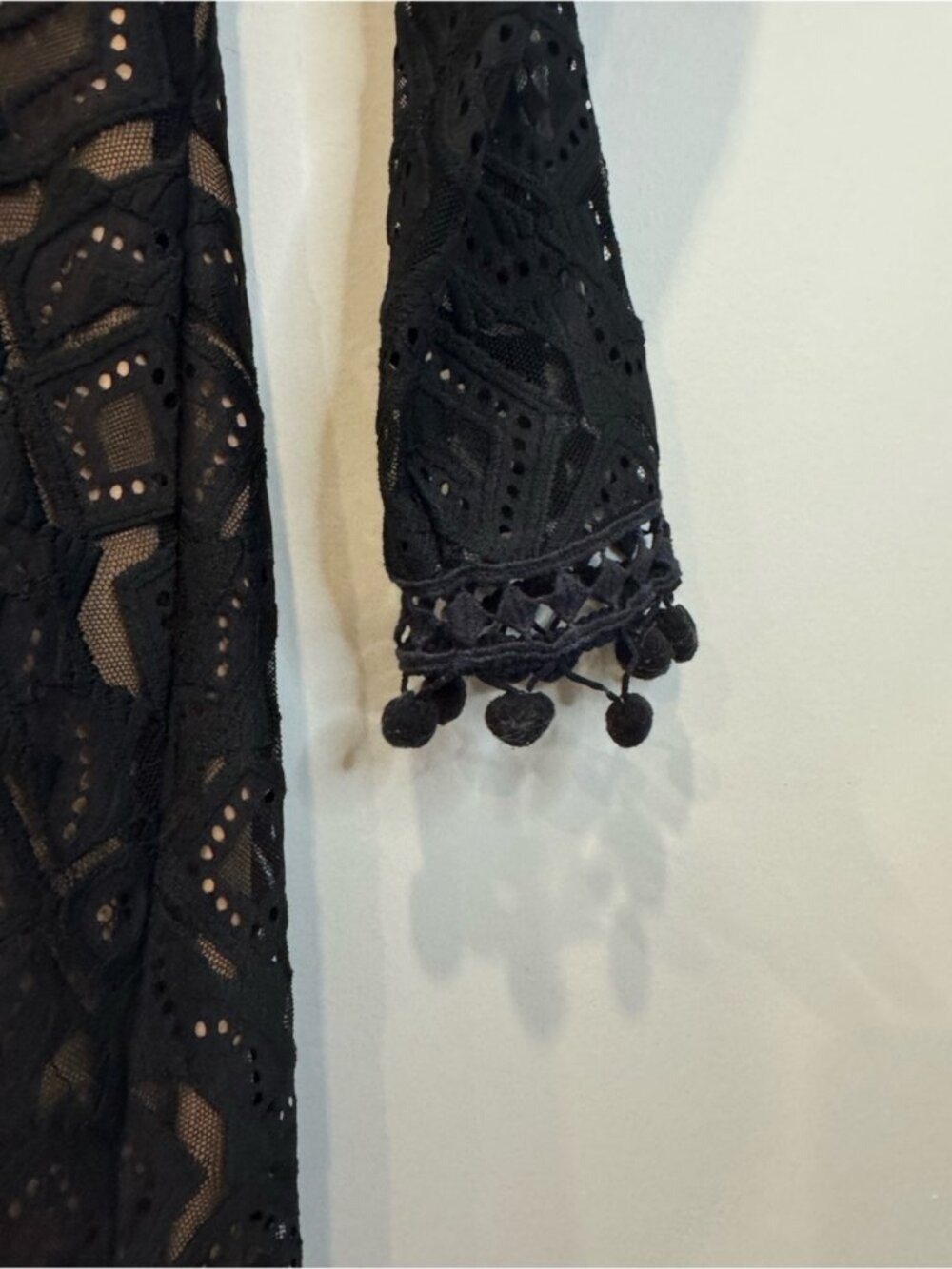For Love & Lemons Black Lace Mini Dress XS Nude Illusion Long Sleeve 0813 - Picture 10 of 11